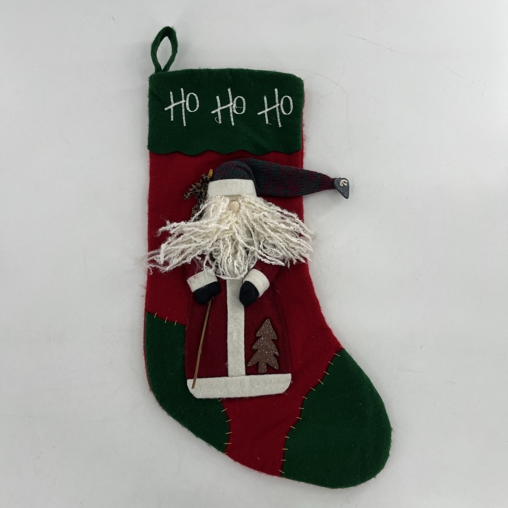 Vintage Old World Santa Felt Christmas Stocking 3D Fleece Beard‎ Knit Hat 21"